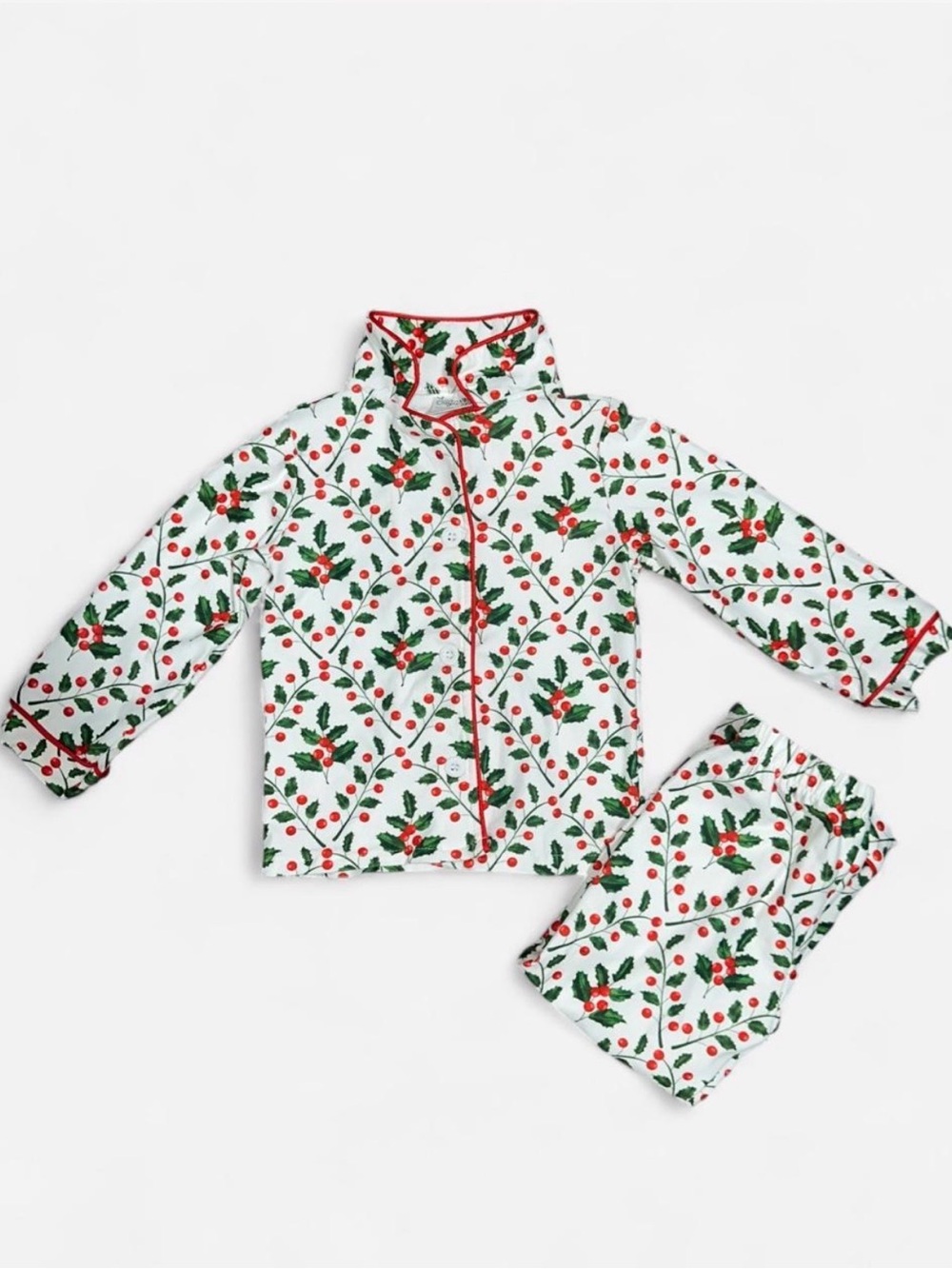 Sugar White Holly-Print Pajama Set with Red Trim